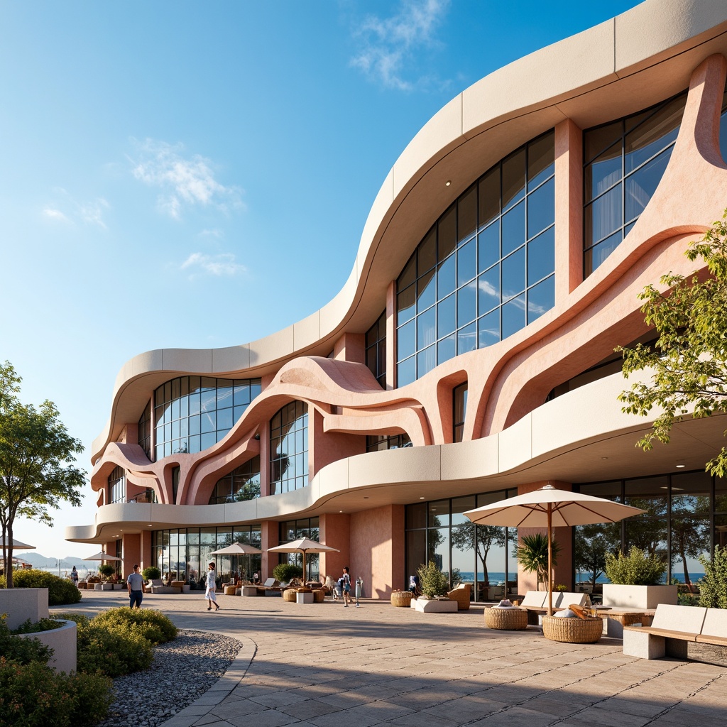 Prompt: Oceanfront auditorium, curvaceous facade, undulating waves-inspired design, transparent glass walls, cantilevered rooflines, coral-colored stucco, beachy wood accents, nautical-themed decorations, seaside promenade, salty air atmosphere, warm sunny day, soft ocean breeze, 3/4 composition, symmetrical framing, shallow depth of field, realistic renderings, ambient occlusion.Please let me know if this meets your requirements!