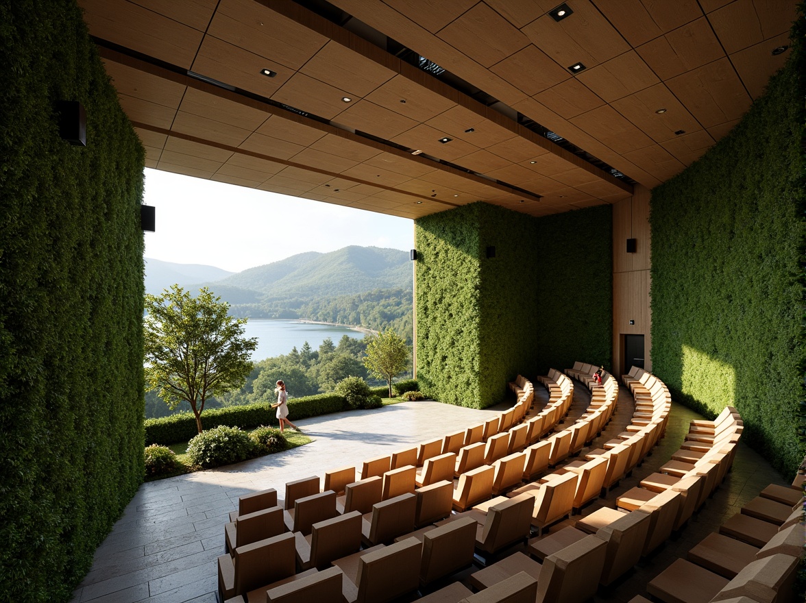 Prompt: \Grand auditorium, lush green walls, living trees, natural stone flooring, wooden accents, curved lines, minimalistic design, soft warm lighting, shallow depth of field, 3/4 composition, panoramic view, realistic textures, ambient occlusion, integrating outdoor landscape, rolling hills, serene lake views, surrounding forest, walking trails, scenic overlooks, tiered seating areas, acoustic panels, state-of-the-art sound systems.\