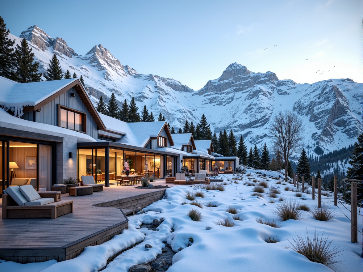 Prompt: Snow-capped mountains, frosty mornings, rustic wooden accents, modern ski resort architecture, sloping roofs, large windows, sliding glass doors, wooden decking, outdoor seating areas, snowflake-inspired patterns, icy blue color scheme, metallic materials, dynamic angular lines, energy-efficient systems, solar panels, wind turbines, eco-friendly materials, innovative heating technologies, warm cozy lighting, shallow depth of field, 3/4 composition, panoramic view, realistic textures, ambient occlusion.