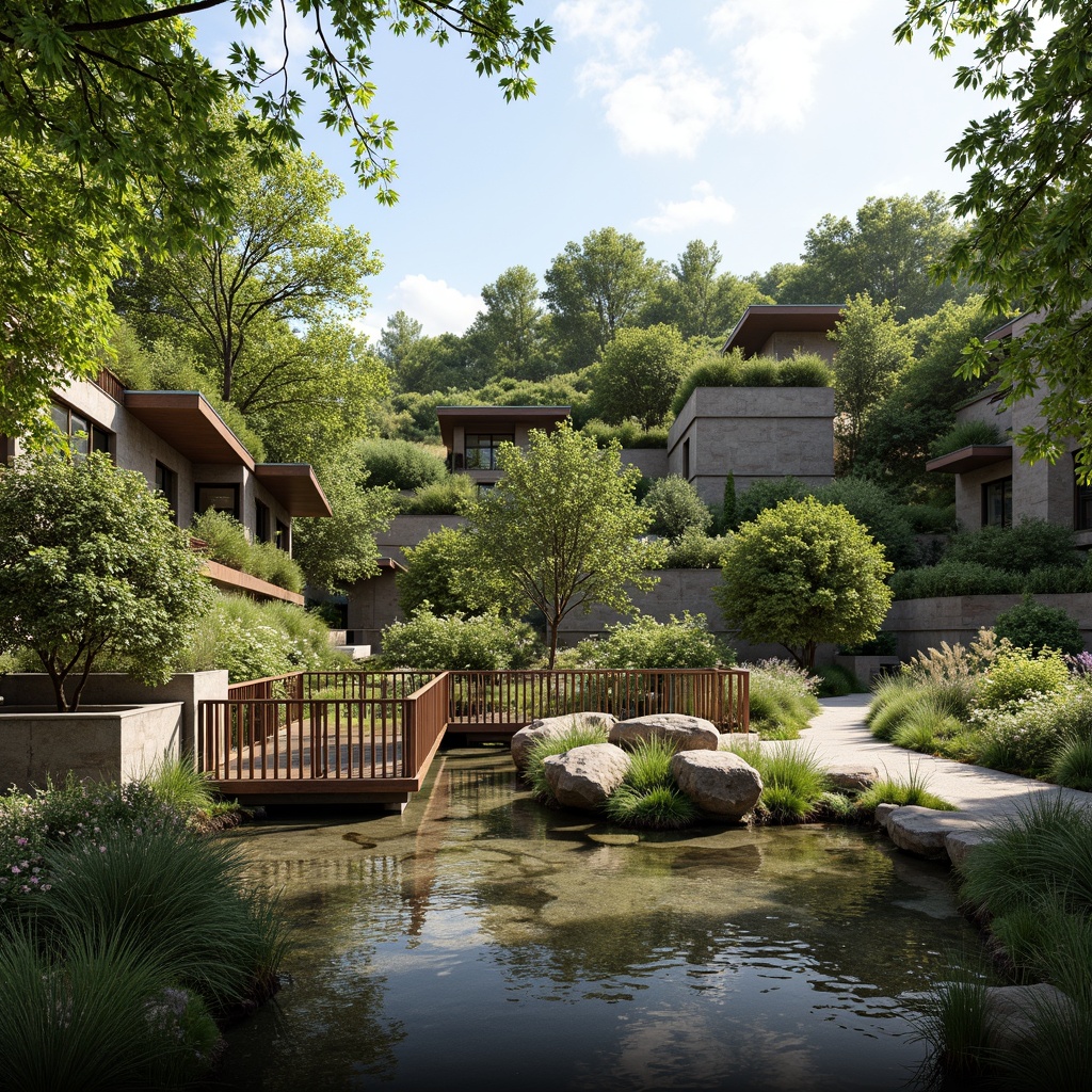 Prompt: Seamless landscape integration, natural stone walls, lush green roofs, native plant species, meandering pathways, wooden bridges, serene water features, reflective ponds, tranquil atmosphere, warm sunny day, soft diffused lighting, shallow depth of field, 3/4 composition, panoramic view, realistic textures, ambient occlusion.