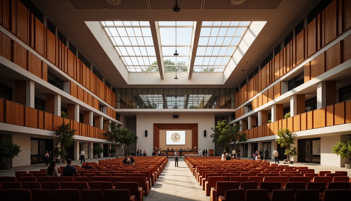 Prompt: Grand auditorium, fusion architecture, natural light pouring in, high ceilings, open spaces, sleek lines, minimalist design, warm wooden accents, comfortable seating, vibrant color schemes, dynamic stage lighting, soft shadows, subtle texture details, realistic reflections, ambient occlusion, shallow depth of field, 3/4 composition, panoramic view.