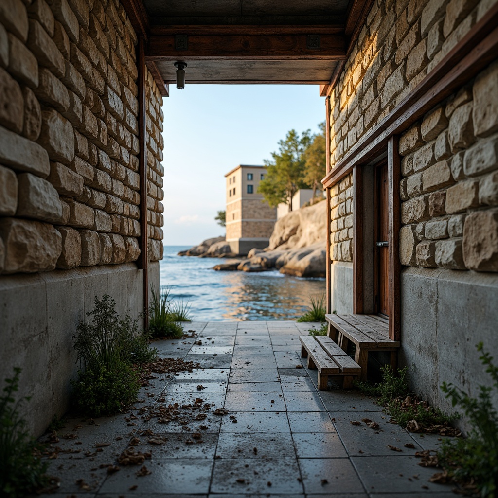 Prompt: Rugged coastal walls, weathered stone textures, salt-resistant materials, reinforced concrete foundations, wave-crashing sounds, sea-salt air, driftwood accents, nautical rope details, distressed wooden planks, rusty metal fixtures, coral-inspired patterns, ocean-blue color palette, misty marine atmosphere, warm golden lighting, shallow depth of field, 1/2 composition, dramatic low-angle shot, realistic weathering effects.