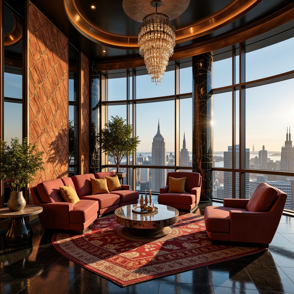 Prompt: Luxurious modern living room, ornate Art Deco patterns, geometric shapes, metallic accents, bold color schemes, opulent furnishings, velvet sofas, marble coffee tables, crystal chandeliers, floor-to-ceiling windows, cityscape views, warm golden lighting, shallow depth of field, 1/2 composition, realistic textures, ambient occlusion.