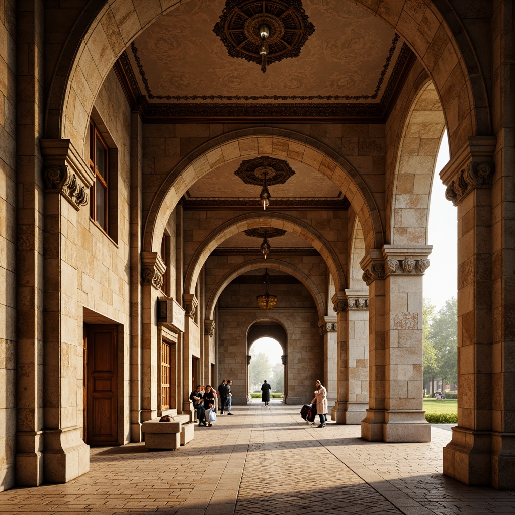 Prompt: Rustic stone walls, ornate arches, sturdy columns, vaulted ceilings, grand domes, intricate carvings, ornamental capitals, weathered brick facades, robust pilasters, decorative friezes, grandiose entranceways, symmetrical compositions, warm golden lighting, shallow depth of field, 2/3 composition, realistic textures, ambient occlusion.