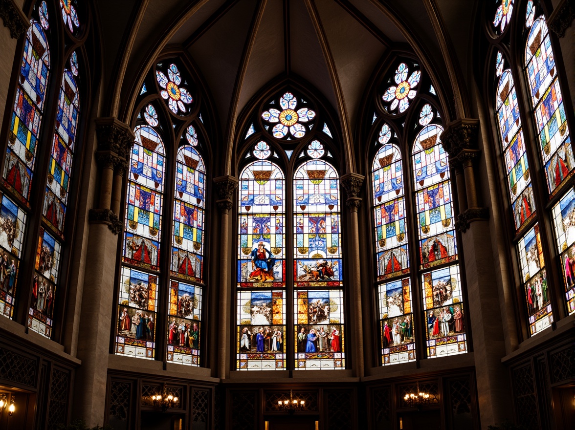 Prompt: Vibrant stained glass windows, kaleidoscope colors, ornate metal frames, Gothic architecture, grand cathedrals, sacred spaces, intricate patterns, delicate textures, warm soft lighting, serene atmosphere, spiritual ambiance, majestic ceilings, ornate furnishings, luxurious fabrics, subtle shading, high contrast ratio, 1/2 composition, symmetrical view, realistic reflections, ambient occlusion.