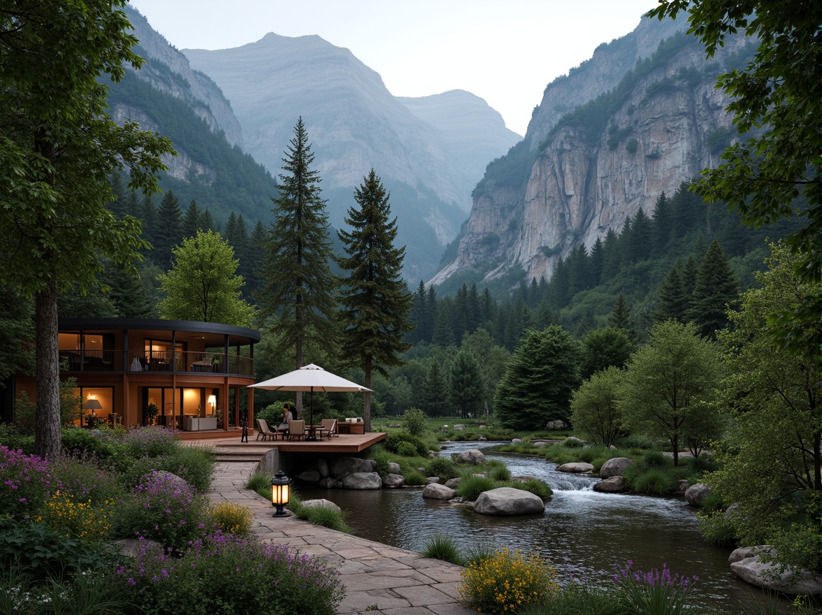 Prompt: Serene mountainous backdrop, lush green forests, meandering rivers, rugged rock formations, vibrant wildflowers, wooden decking, outdoor seating areas, lantern-style lighting, warm color palette, soft misty atmosphere, shallow depth of field, 1/2 composition, symmetrical balance, realistic textures, ambient occlusion, natural stone pathways, water features, scenic lookout points, panoramic views, harmonious blend of architecture and nature.