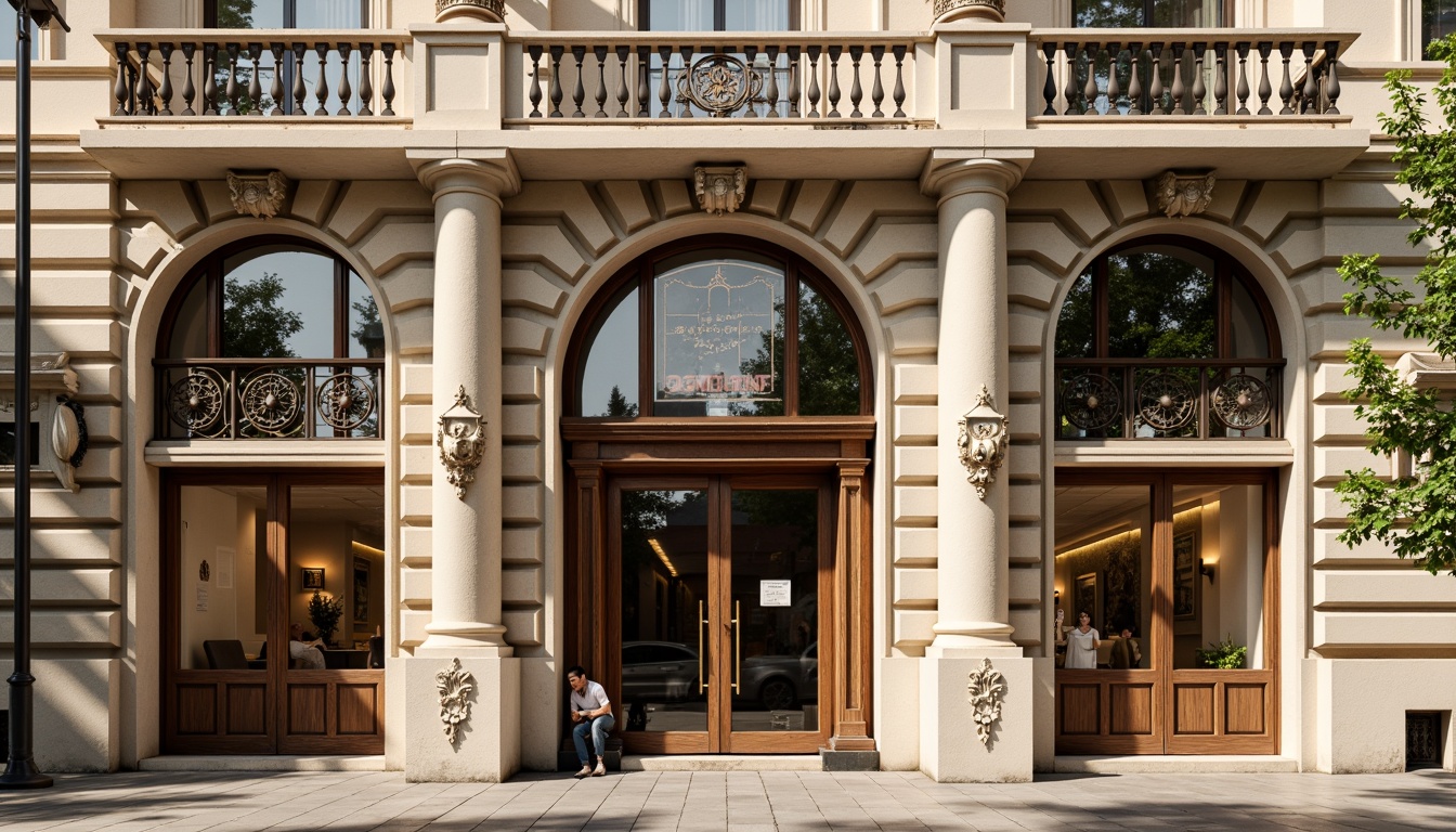 Prompt: Ornate bank facade, rusticated stone walls, rounded arches, Corinthian columns, carved stone decorations, grand entrance, heavy wooden doors, iron hinges, Gothic-inspired windows, stained glass, intricate stone carvings, classical statues, ornamental balconies, warm beige color scheme, soft natural lighting, shallow depth of field, 1/2 composition, realistic textures, ambient occlusion.