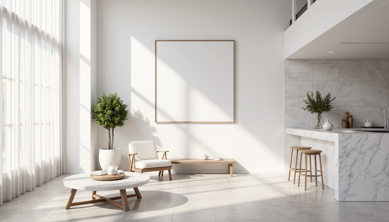 Prompt: Minimalist interior design, predominantly white color scheme, sleek lines, modern furniture, marble countertops, glossy finishes, airy atmosphere, abundant natural light, floor-to-ceiling windows, sheer curtains, subtle texture contrasts, elegant simplicity, sophisticated ambiance, calming atmosphere, warm soft lighting, shallow depth of field, 1/1 composition, realistic reflections.