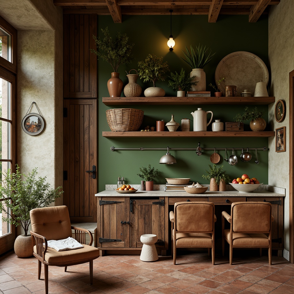 Prompt: Earthy tones, olive green walls, rustic wooden accents, vintage metal fixtures, distressed leather furniture, earthy terracotta floors, natural stone countertops, woven wicker baskets, organic shapes, moody atmospheric lighting, shallow depth of field, 1/1 composition, realistic textures, ambient occlusion.