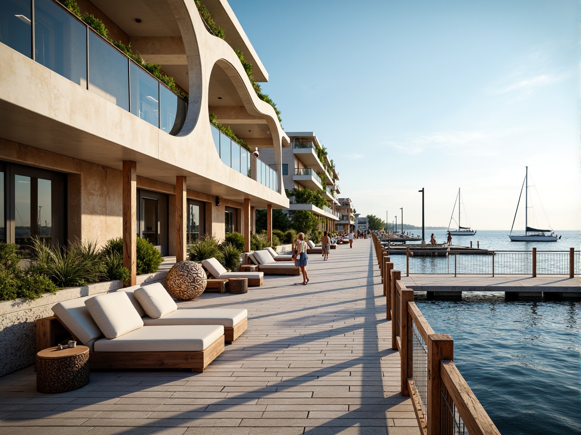 Prompt: Oceanfront promenade, seaside resort, modern coastal architecture, wave-inspired curves, beachy textures, driftwood accents, nautical ropes, seashell motifs, salty air, warm sunlight, gentle sea breeze, shallow water reflections, 1/2 composition, wide-angle lens, soft natural lighting, subtle color palette, weathered wooden planks, rusted metal railings, glass balconies, oceanview apartments, beachside amenities, recreational piers, sailboat docks.