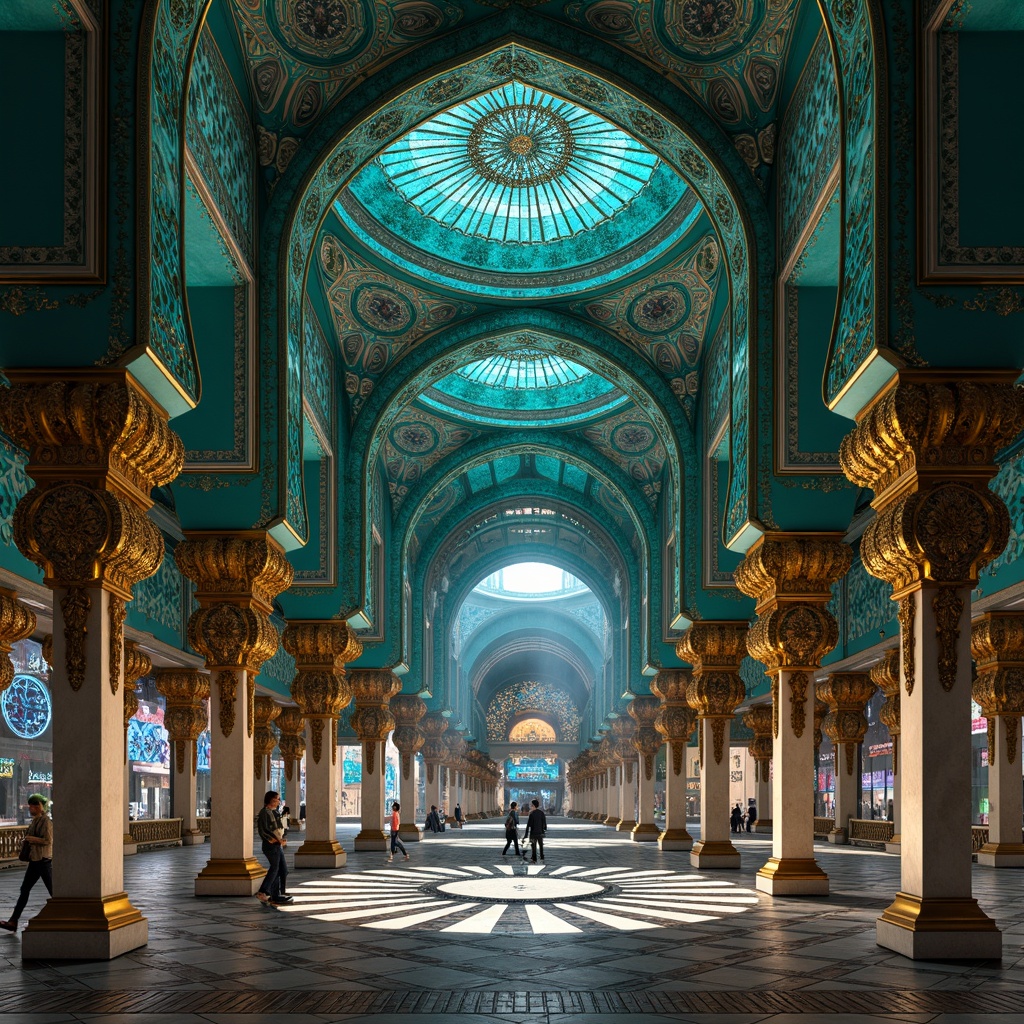 Prompt: Intricate Islamic-inspired arches, vibrant turquoise mosaics, ornate golden accents, majestic grand domes, symmetrical floor patterns, kaleidoscopic tile work, futuristic metallic structures, neon-lit cityscapes, dazzling LED light installations, 3D geometric projections, mesmerizing optical illusions, high-contrast monochromatic color schemes, sharp angular lines, futuristic cyberpunk aesthetics, holographic displays, immersive virtual reality environments, abstract fractal designs.