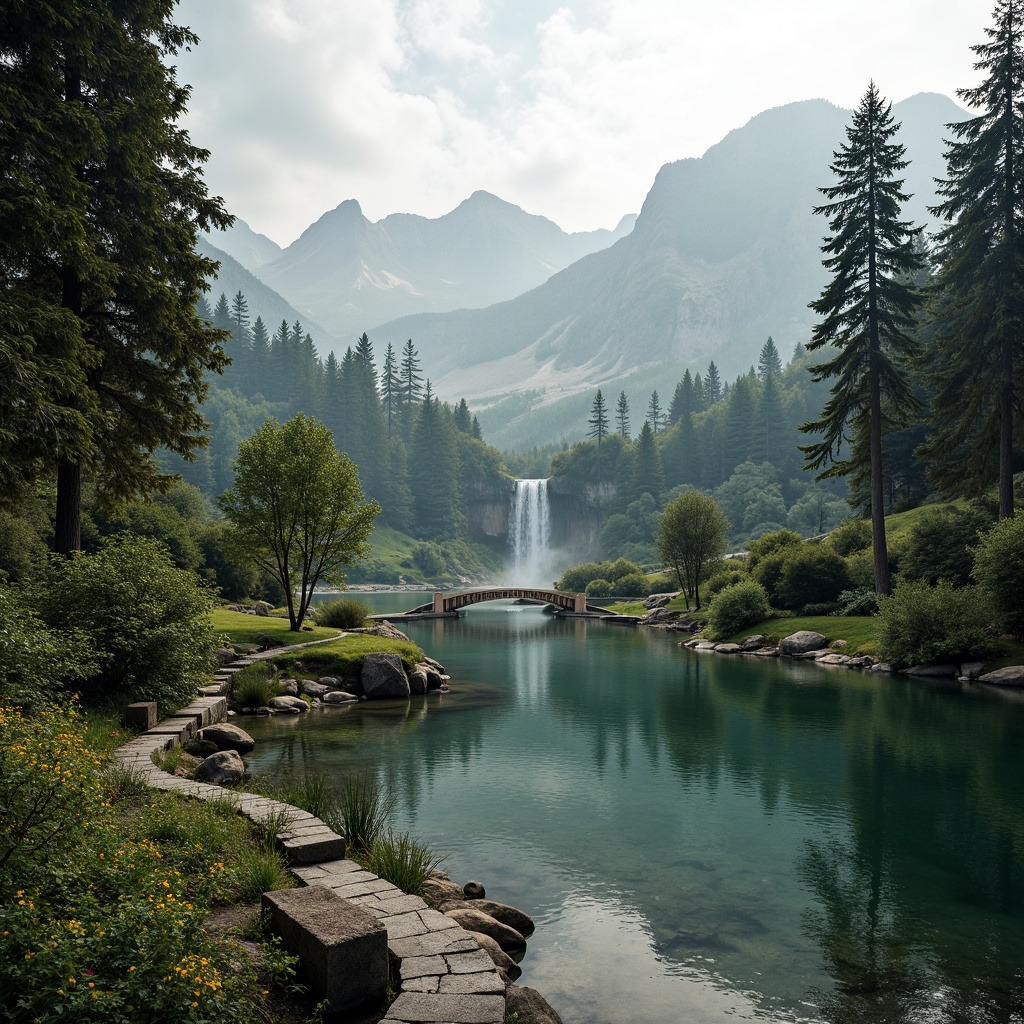 Prompt: Ethereal mountainous landscape, serene lake waters, lush green forests, winding stone pathways, rustic wooden bridges, natural rock formations, gentle waterfalls, vibrant wildflowers, misty atmosphere, soft warm lighting, shallow depth of field, 3/4 composition, panoramic view, realistic textures, ambient occlusion.