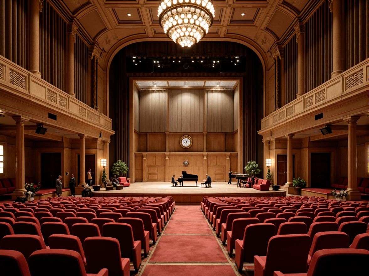 Prompt: Luxurious concert hall, ornate balconies, plush red velvet seats, polished wooden flooring, acoustic panels, sound-absorbing materials, reverberation chambers, adjustable stage lighting, grand pianos, intricately designed ceilings, elegant chandeliers, soft warm ambiance, shallow depth of field, 3/4 composition, realistic textures, ambient occlusion.