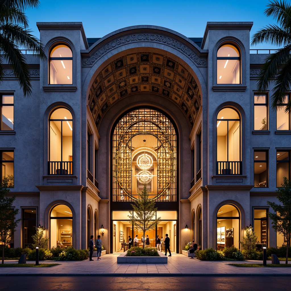 Prompt: Ornate building facade, intricate stone carvings, grand entrance archways, elegant columns, ornamental metalwork, vibrant color schemes, reflective glass surfaces, modern minimalist lines, sleek window frames, ambient lighting effects, warm evening glow, shallow depth of field, 1/2 composition, realistic textures, high-contrast rendering.