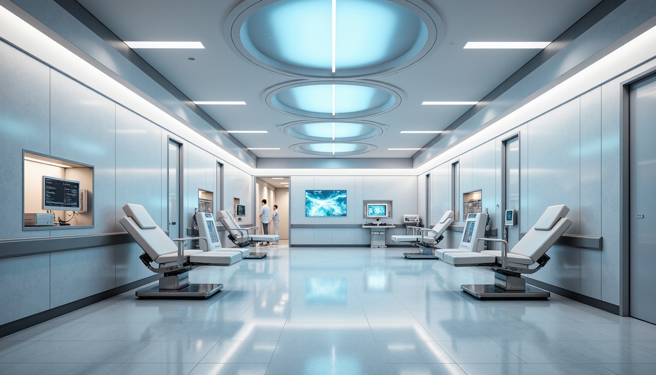 Prompt: Futuristic hospital interior, sterile white walls, sleek metal fixtures, LED strip lights, soft blue ambient glow, minimalist decor, advanced medical equipment, holographic displays, interactive patient interfaces, rounded corners, polished chrome accents, subtle texture patterns, calming atmosphere, warm color tones, gentle shadows, 1/2 composition, high-key lighting, shallow depth of field, cinematic rendering, realistic reflections.Please let me know if this meets your requirements!