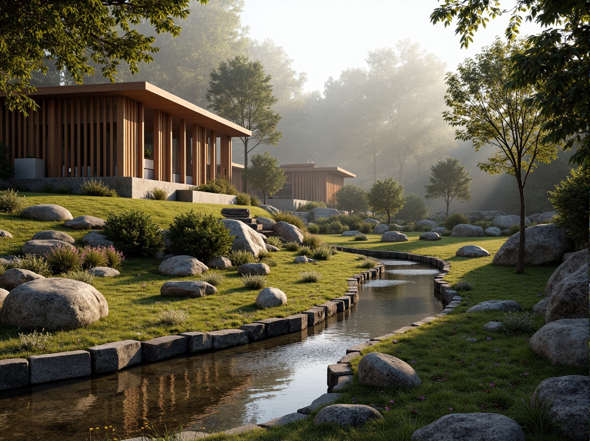 Prompt: Seamless landscape integration, organic curves, native vegetation, weathered stone walls, rustic wooden accents, meandering water features, serene forest surroundings, misty morning atmosphere, warm sunlight filtering, dappled shadows, natural rock formations, earthy color palette, sustainable design principles, eco-friendly materials, minimal visual impact, blending with nature, panoramic views, shallow depth of field, 1/1 composition, realistic textures, ambient occlusion.