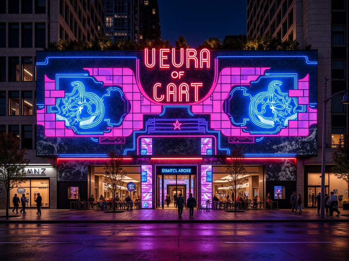 Prompt: Neon-lit nightclub facade, futuristic LED lights, dynamic patterns, 3D architectural projections, mirrored surfaces, metallic accents, bold geometric shapes, vibrant color schemes, strobe-like effects, high-energy atmosphere, urban cityscape, bustling streets, night-time scenery, dramatic spotlights, shallow depth of field, wide-angle lens, 2/3 composition, cinematic lighting, realistic reflections, ambient occlusion.