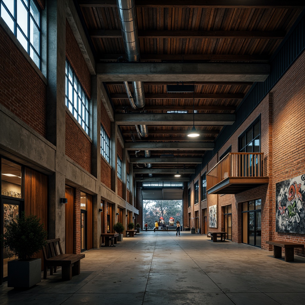 Prompt: Rustic warehouse exterior, distressed brick walls, metal cladding, industrial windows, corrugated roofing, exposed ductwork, reclaimed wood accents, urban graffiti, edgy modern art installations, moody nighttime lighting, cinematic shallow focus, 1/2 composition, atmospheric fog effects, realistic rusty textures, ambient occlusion.Please let me know if this meets your requirements!