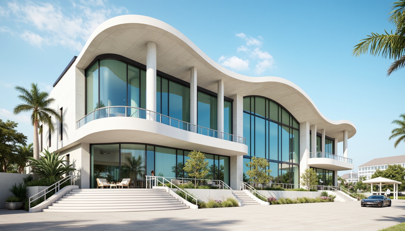 Prompt: Curved oceanfront facade, undulating waves-inspired architecture, gleaming white marble columns, grand entrance with cantilevered canopy, floor-to-ceiling glass windows, minimalist sleek lines, nautical-themed ornamentation, soft blue-green color palette, seaside promenade, sandy beach surroundings, clear sunny day, gentle sea breeze, shallow depth of field, 1/1 composition, symmetrical framing, realistic water reflections, subtle ambient occlusion.