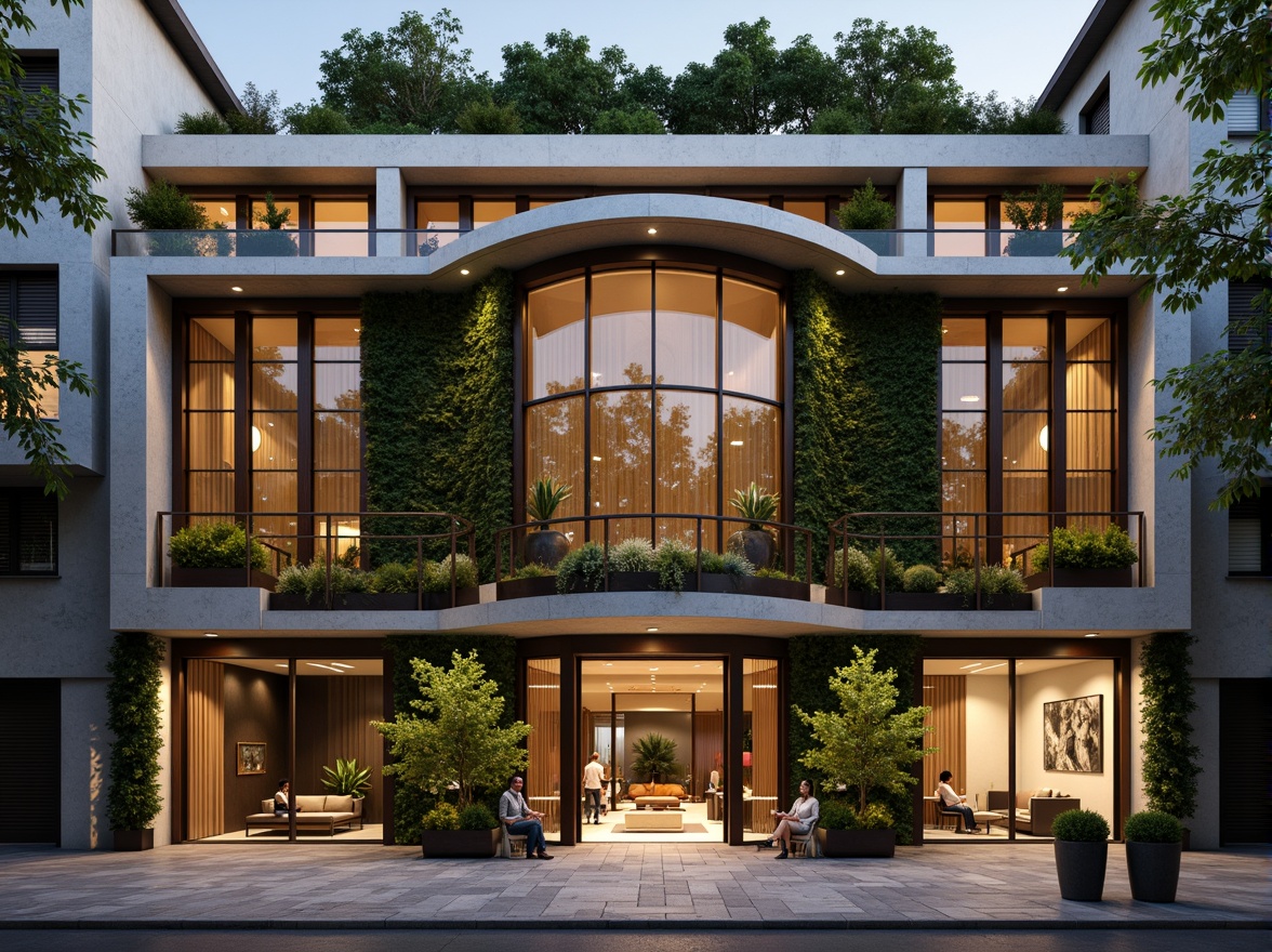 Prompt: Elegant building facade, ornate detailing, curved lines, subtle textures, earthy tones, natural stone cladding, wooden accents, metallic frames, floor-to-ceiling windows, vertical green walls, lush foliage, soft ambient lighting, warm color palette, 1/1 composition, shallow depth of field, realistic rendering, atmospheric effects.