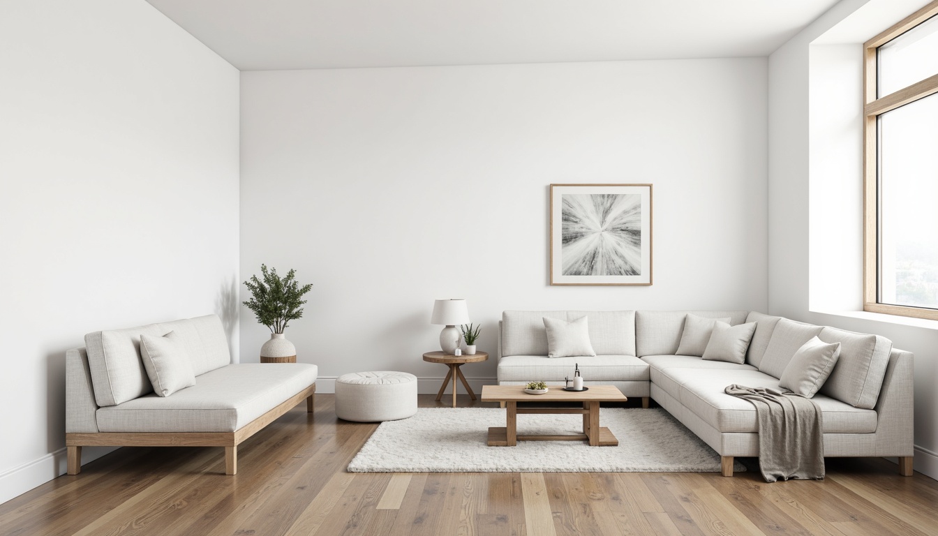 Prompt: Monochromatic interior, plain white walls, sleek wooden floors, minimalist furniture, low-profile sofas, geometric coffee tables, industrial metal chairs, simple throw blankets, natural linen fabrics, matte finish surfaces, subtle texture variations, soft warm lighting, 1/1 composition, shallow depth of field, realistic renderings, ambient occlusion.