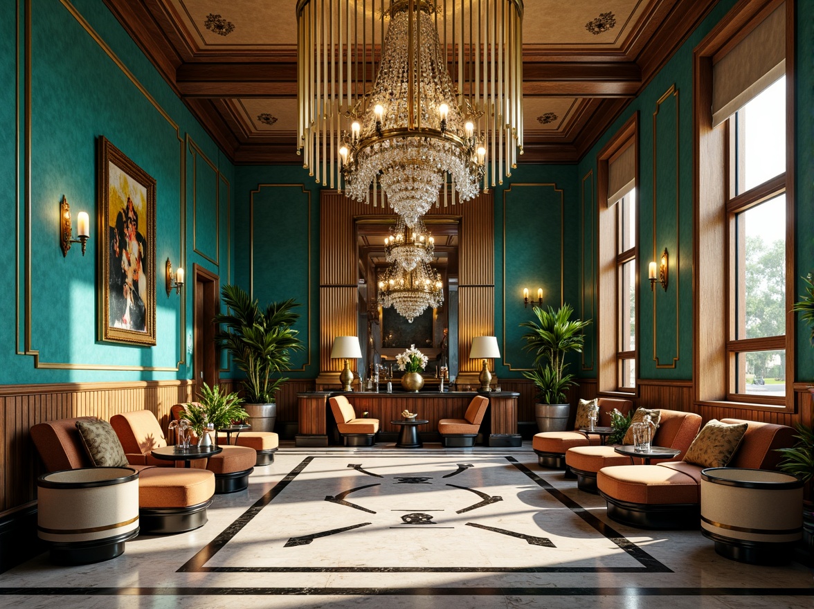 Prompt: Luxurious Art Deco interior, vibrant turquoise walls, golden metallic accents, ornate geometric patterns, lavish velvet fabrics, bold black and white marble floors, opulent crystal chandeliers, rich wood paneling, intricate metalwork details, dramatic high ceilings, warm sunny lighting, shallow depth of field, 1/1 composition, realistic textures, ambient occlusion.