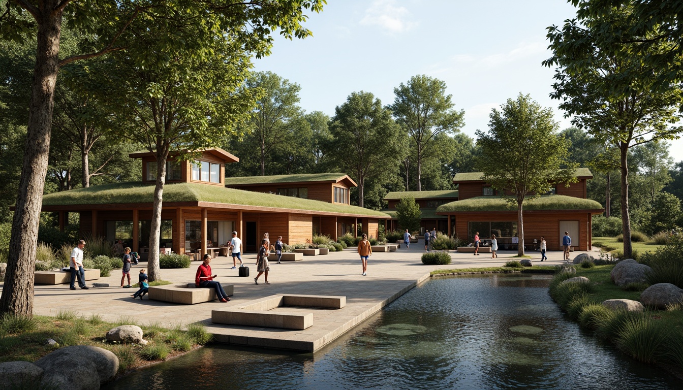 Prompt: Rustic visitor center, wooden accents, earthy tones, natural stone walls, green roofs, eco-friendly materials, panoramic views, observation decks, interactive exhibits, educational signage, immersive experiences, forest surroundings, towering trees, serene water features, winding walking trails, wildlife watching areas, bird-watching stations, interpretive programs, sustainable design principles, renewable energy systems, rainwater harvesting, native plant species, organic landscaping, soft natural lighting, warm color palette, 3/4 composition, realistic textures, ambient occlusion.