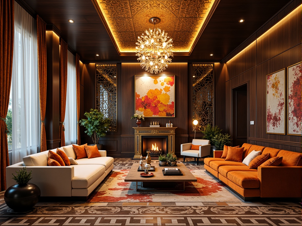 Prompt: Luxurious modern living room, rich wood paneling, ornate metalwork, geometric patterns, bold colorful accents, metallic sheen, velvet fabrics, crystal chandeliers, curved lines, sunburst motifs, inlaid marble floors, polished chrome fixtures, opulent furnishings, lavish textiles, sophisticated ambiance, warm golden lighting, shallow depth of field, 2/3 composition, realistic reflections, ambient occlusion.