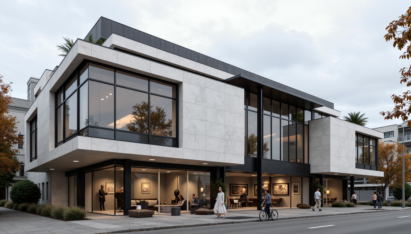 Prompt: Bauhaus-inspired museum facade, asymmetrical composition, bold rectangular forms, large glass windows, industrial metal frames, minimalist ornamentation, functional simplicity, geometric shapes, clean lines, monochromatic color scheme, brutalist concrete walls, cantilevered roofs, open floor plans, natural light flooding, dramatic shadows, abstract art installations, modern sculptures, urban cityscape background, cloudy grey sky, soft diffused lighting, shallow depth of field, 2/3 composition, realistic textures, ambient occlusion.