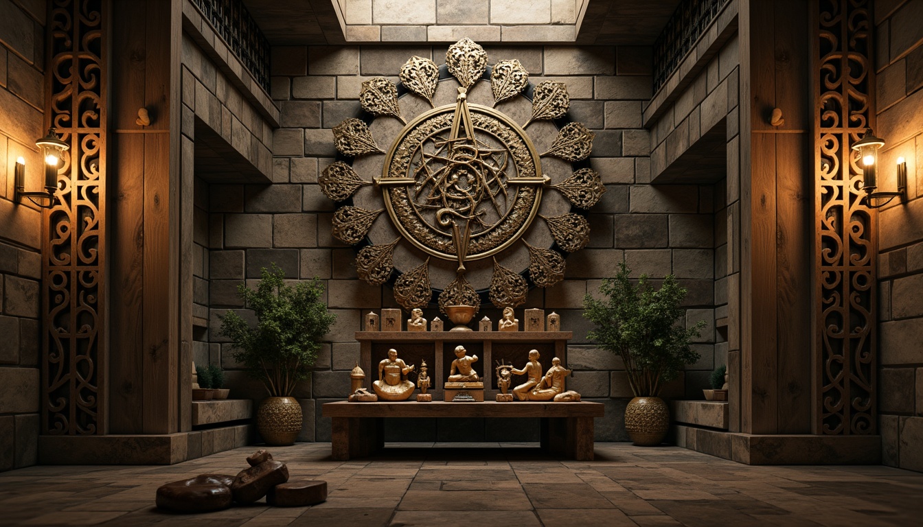 Prompt: Intricate stone carvings, ornate metalwork, abstract geometries, symbolic figurines, textured bronze patinas, weathered wood accents, mysterious ancient artifacts, atmospheric mist effects, warm golden lighting, shallow depth of field, 1/1 composition, realistic textures, ambient occlusion.