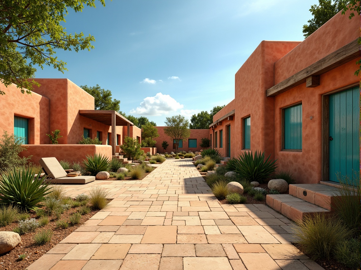 Prompt: Warm adobe buildings, earthy terracotta roofs, rustic wooden doors, vibrant turquoise accents, natural stone pathways, lush greenery, warm beige sand, clear blue sky, sunny day, soft warm lighting, shallow depth of field, 3/4 composition, panoramic view, realistic textures, ambient occlusion.