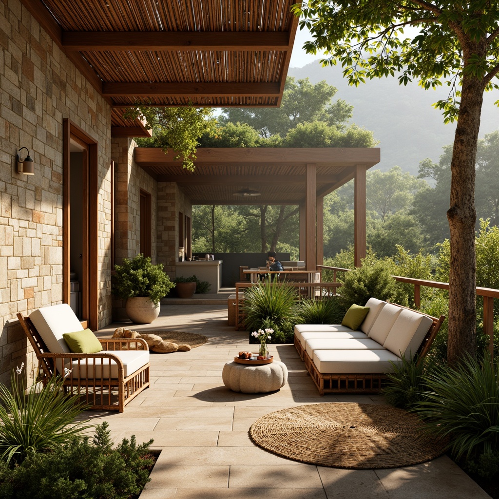 Prompt: Earth-toned natural stone walls, reclaimed wood accents, living green roofs, organic textures, bamboo flooring, woven rattan furniture, jute rugs, earthy color palette, abundant natural light, soft warm ambiance, shallow depth of field, 3/4 composition, panoramic view, realistic earthy tones, ambient occlusion.