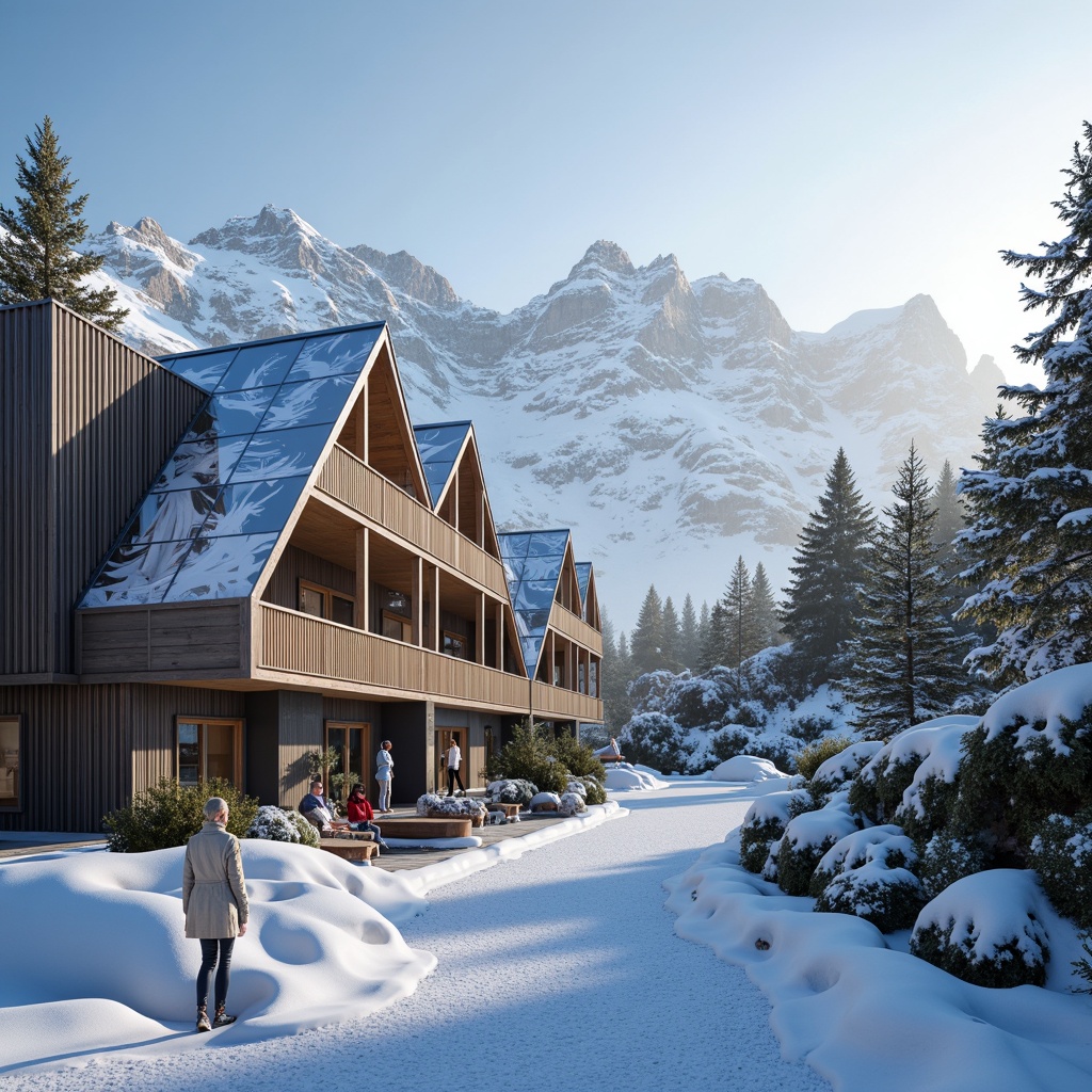 Prompt: Snow-capped mountain peaks, frosty morning air, ski resort architecture, modern angular facades, metallic cladding, glass balconies, wooden accents, snowflake-inspired patterns, icy blue hues, warm golden lighting, rustic stone foundations, sloping roofs, asymmetrical compositions, dynamic shadows, misty atmospheric effects, 1/1 composition, high-key lighting, crisp textures, ambient occlusion.