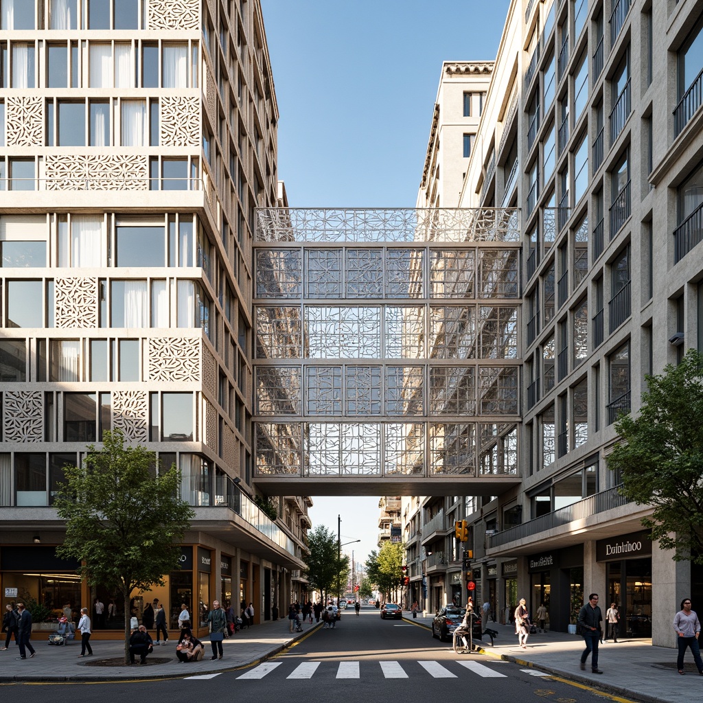 Prompt: Modern building facade, perforated metal screens, intricate geometric patterns, natural ventilation systems, energy-efficient design, sustainable architecture, urban cityscape, busy street scene, morning sunlight, soft warm glow, shallow depth of field, 3/4 composition, realistic textures, ambient occlusion.