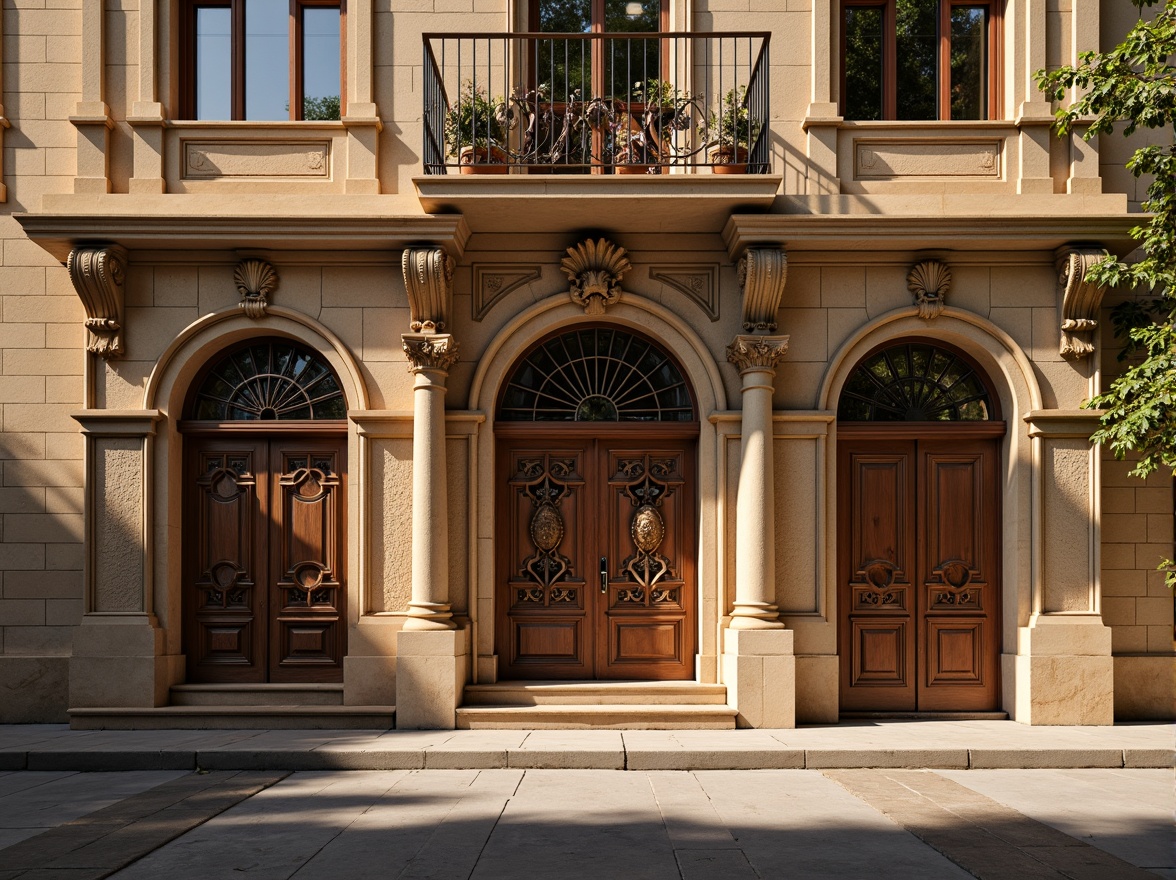 Prompt: Ornate grandeur, richly textured stone walls, intricately carved wooden doors, symmetrical classical columns, ornamental ironwork balconies, arched windows, rusticated quoins, sculpted facade details, subtle gradient color transitions, warm golden lighting, soft focus blur, shallow depth of field, 1/2 composition, realistic material textures, ambient occlusion.