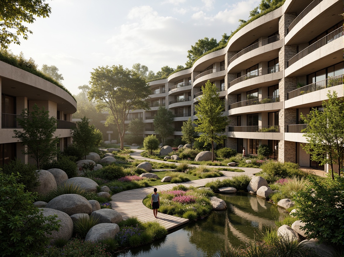 Prompt: Harmonious building facade, curved lines, natural stone walls, green roofs, lush vegetation, overflowing gardens, serene water features, wooden decks, cantilevered structures, organic architecture, eco-friendly materials, sustainable design, panoramic views, soft warm lighting, shallow depth of field, 3/4 composition, realistic textures, ambient occlusion, misty morning atmosphere, gentle breeze, vibrant flower arrangements.