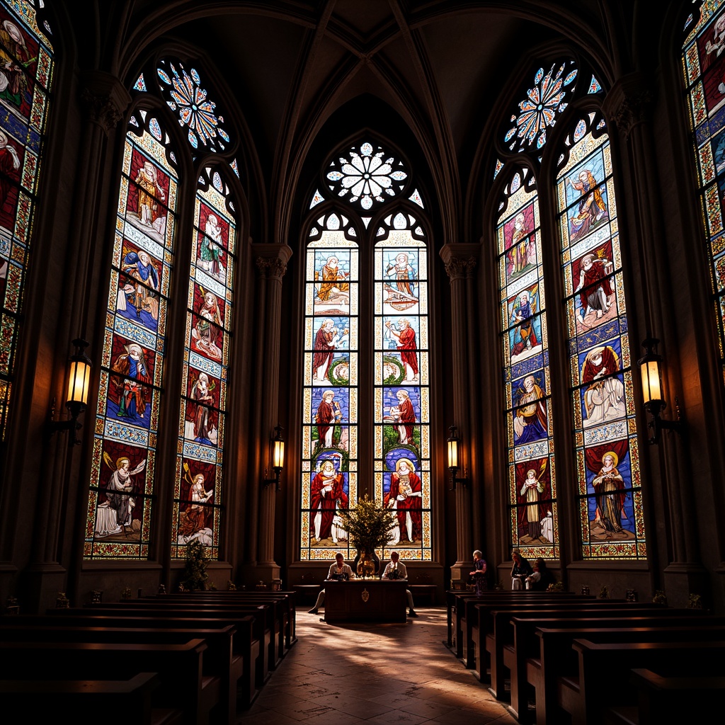 Prompt: Vibrant stained glass windows, kaleidoscope colors, intricate patterns, ornate frames, Gothic architecture, majestic cathedrals, spiritual ambiance, soft warm lighting, mystical atmosphere, symbolic motifs, biblical scenes, heavenly inspirations, divine beauty, luminous textures, 1/1 composition, shallow depth of field, realistic reflections.