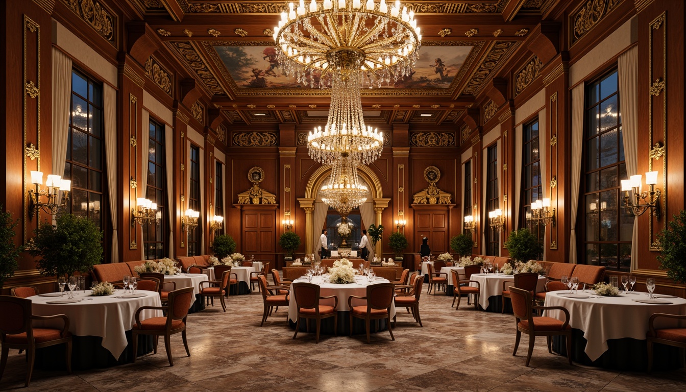 Prompt: Opulent dining hall, grand chandelier, intricately carved wooden paneling, lavish furnishings, velvet drapes, ornate gold leaf accents, marble floors, high ceilings, frescoed walls, crystal glassware, fine china, majestic candelabras, warm golden lighting, shallow depth of field, 1/1 composition, realistic textures, ambient occlusion.