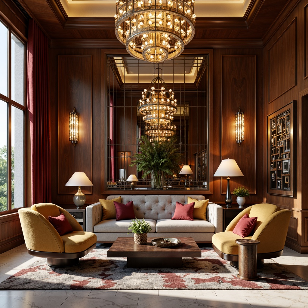 Prompt: Luxurious living room, rich wood paneling, metallic accents, geometric patterns, ornate mirrors, lavish furnishings, velvet drapes, marble floors, glamorous chandeliers, modernist furniture silhouettes, bold color schemes, luxurious textiles, metallic leaf detailing, sunburst motifs, zigzag patterns, circular shapes, stepped silhouettes, opulent accessories, warm golden lighting, soft focus, shallow depth of field, 2/3 composition, cinematic view.