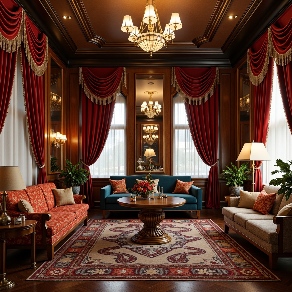 Prompt: Luxurious Art Deco interior, opulent fabrics, rich velvet drapes, metallic thread embroidery, beaded fringe trimmings, geometric patterned rugs, bold colorful upholstery, ornate carved wooden furniture, glamorous mirrored accents, crystal chandeliers, lavish floor lamps, sophisticated urban ambiance, 1920s nostalgic flair, soft warm lighting, shallow depth of field, 2/3 composition, symmetrical framing.