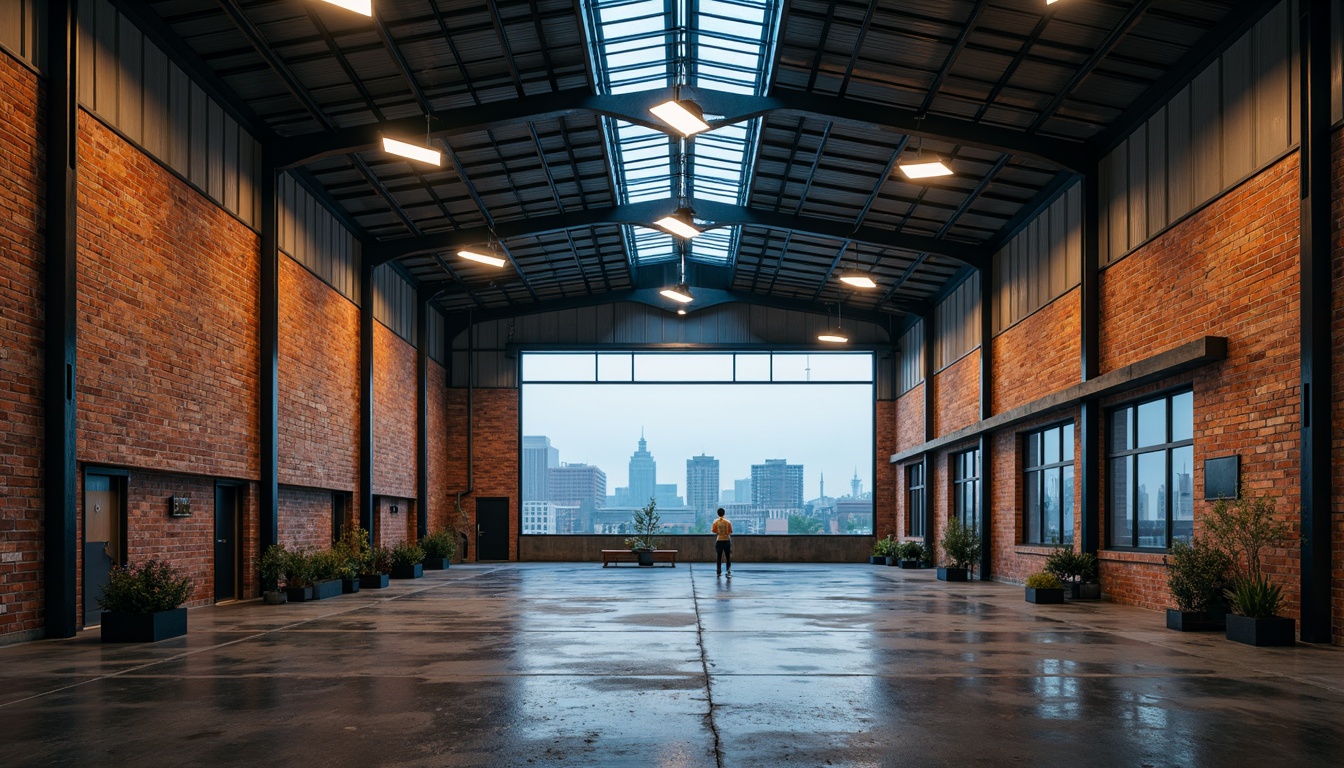 Prompt: Industrial warehouse exterior, exposed brick walls, steel beams, corrugated metal roofs, urban cityscape background, gritty concrete floors, reclaimed wood accents, bold color blocking, deep blue tones, vibrant orange hues, neutral beige shades, contrasting black and white highlights, dramatic high-contrast lighting, atmospheric fog effects, 1-point perspective composition, symmetrical framing, realistic material textures, subtle ambient occlusion.