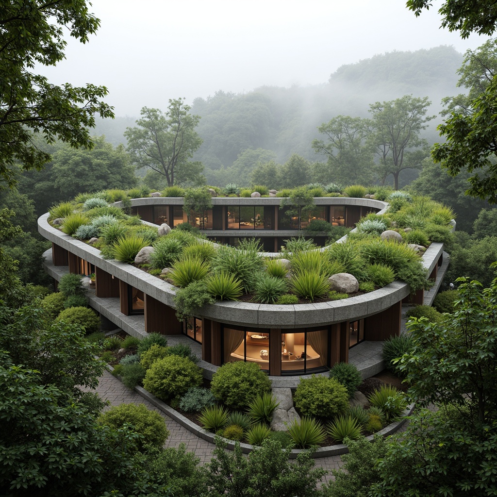 Prompt: Eco-friendly building, lush green roofs, living walls, natural stone fa\u00e7ades, wooden accents, large windows, abundance of plants, organic curves, sustainable materials, minimal carbon footprint, harmonious blend with surroundings, serene forest backdrop, misty morning atmosphere, soft diffused lighting, 1/1 composition, realistic textures, ambient occlusion.