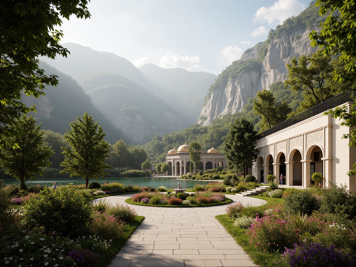 Prompt: Lush greenery, vibrant flowers, natural stone walls, ornate Byzantine columns, intricate mosaics, golden domes, grand archways, elegant pavilion, serene lake views, surrounding mountains, misty atmosphere, warm soft lighting, shallow depth of field, 3/4 composition, panoramic view, realistic textures, ambient occlusion.