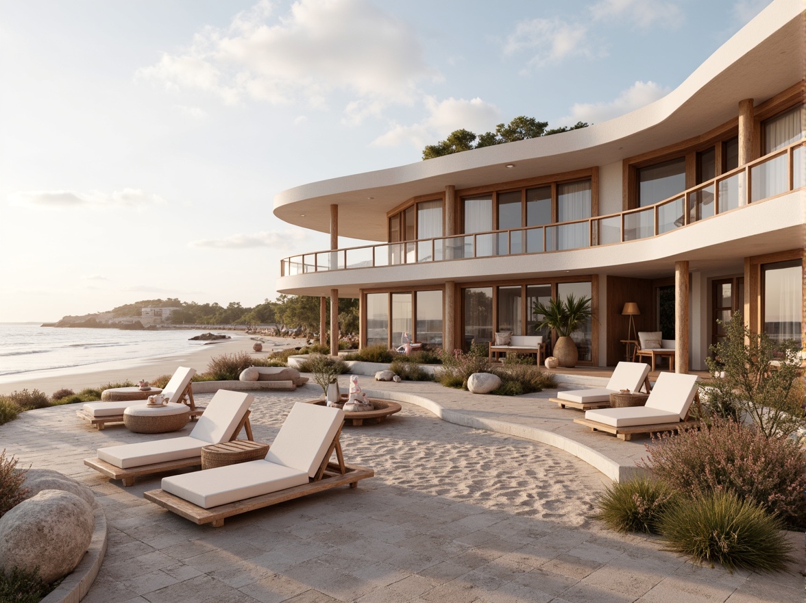 Prompt: Mauve-hued coastal villa, soft sandy beaches, gentle ocean waves, driftwood accents, natural stone walls, weathered wooden decks, nautical rope railings, elegant curved lines, modern minimalist design, large glass windows, sliding doors, warm mauve tones, creamy whites, dusty blues, sea-salt air, misty mornings, golden hour lighting, shallow depth of field, 1/2 composition, cinematic view, realistic textures, ambient occlusion.