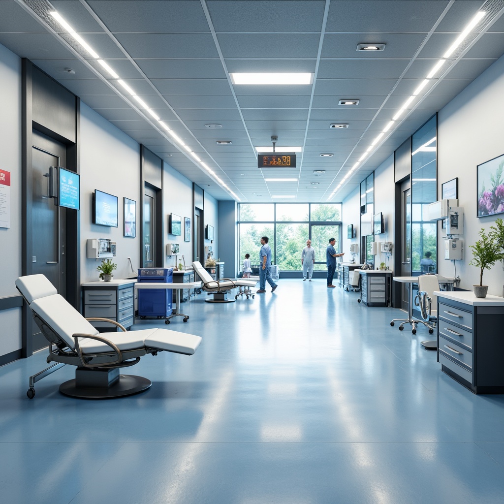 Prompt: High-tech healthcare center, modern minimalist interior, sleek metal accents, polished chrome fixtures, glossy epoxy floors, LED lighting systems, digital signage displays, futuristic nurse stations, ergonomic hospital furniture, antibacterial coatings, sterile surfaces, calming pastel colors, soft indirect lighting, 3/4 composition, shallow depth of field, panoramic view, realistic textures, ambient occlusion.