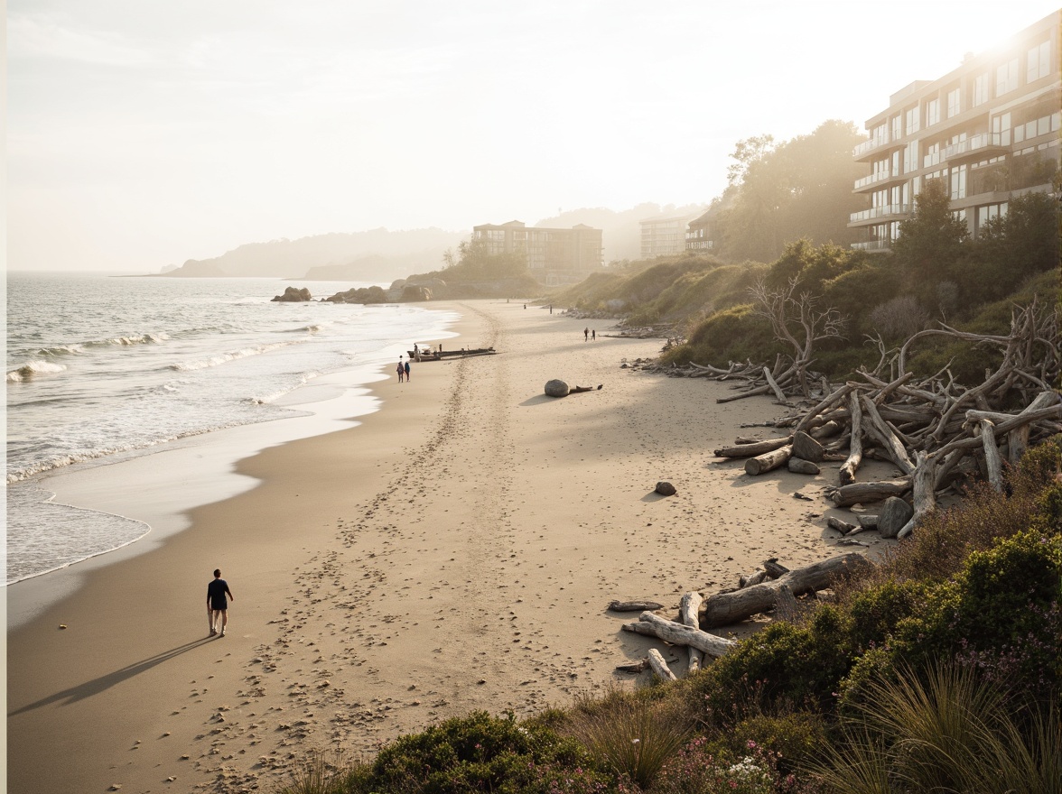 Prompt: Sandy beach, gentle ocean waves, driftwood structures, weathered wooden piers, salt-tolerant vegetation, natural rock formations, curved shoreline, misty morning atmosphere, soft warm lighting, shallow depth of field, 1/2 composition, panoramic view, realistic textures, ambient occlusion, eco-friendly materials, sustainable building practices, green roofs, renewable energy systems, coastal conservation efforts, seaside promenade, ocean-inspired color palette.