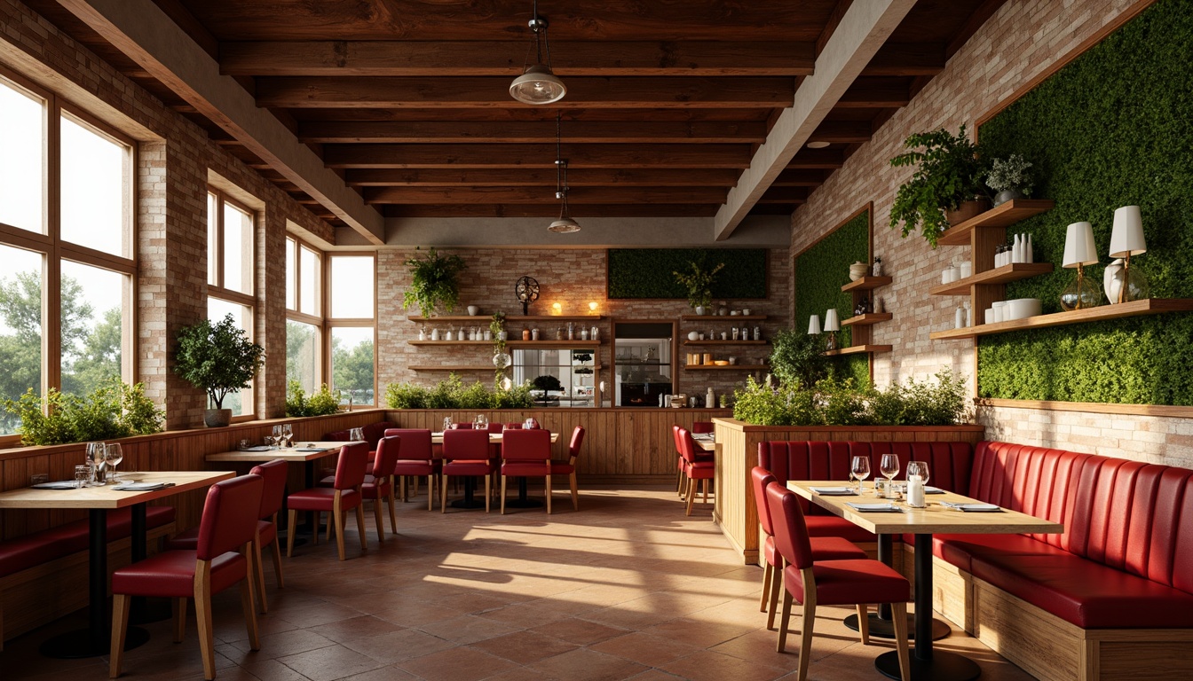 Prompt: Vibrant restaurant interior, warm earthy tones, rich wood accents, deep red wine colors, soft creamy whites, bold industrial metals, natural stone textures, lush greenery walls, cozy intimate ambiance, modern minimalist decor, eclectic vintage fixtures, warm golden lighting, shallow depth of field, 1/1 composition, realistic renderings.