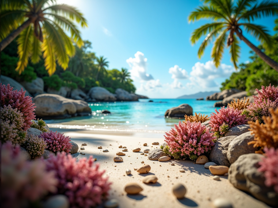 Prompt: Vibrant coral reefs, turquoise ocean waves, sandy beach textures, seashells, driftwood, tropical palm trees, sunny day, soft warm lighting, shallow depth of field, 1/2 composition, realistic water simulations, ambient occlusion, intricate sea creatures, colorful fish, ocean spray effects, misty atmosphere, dreamy soft focus.