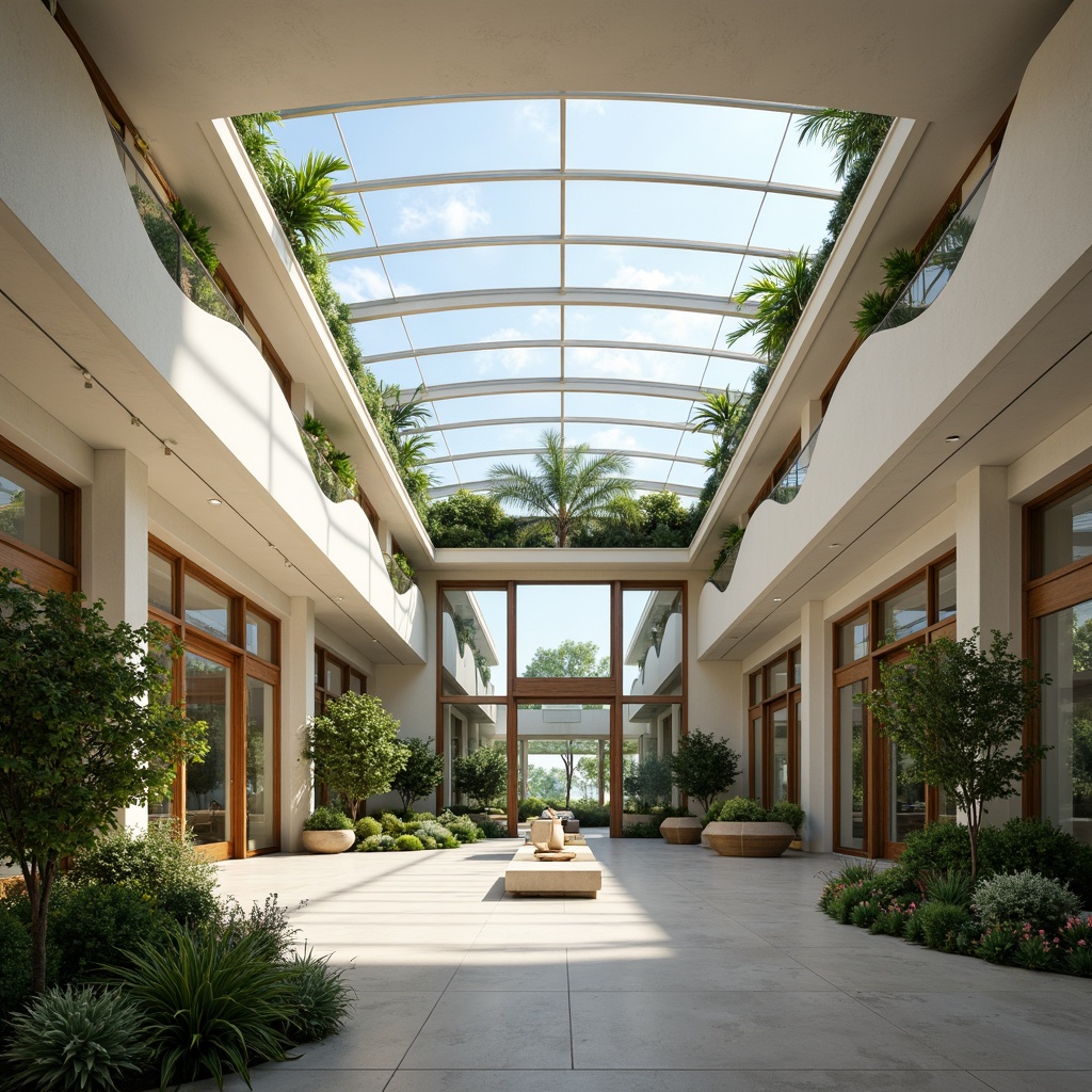 Prompt: Spacious interior, high ceilings, large windows, sliding glass doors, clerestory windows, skylights, transparent roofing, minimal obstructions, open floor plans, reflective surfaces, light-colored walls, polished floors, green roofs, solar tubes, tubular daylighting devices, natural ventilation systems, airy atriums, curved lines, minimalist decor, abundant foliage, lush greenery, sunny day, soft warm lighting, shallow depth of field, 3/4 composition, panoramic view.