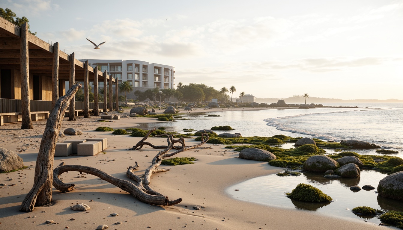 Prompt: Sandy shoreline, driftwood sculptures, weathered wooden piers, tidal pools, seaweed-covered rocks, ocean spray mist, seagulls flying overhead, gentle sea breeze, warm sunlight, soft focus, shallow depth of field, 2/3 composition, symmetrical framing, natural textures, subtle color grading, harmonious integration with the environment, sustainable coastal development, eco-friendly infrastructure, green roofs, solar panels, wind turbines, water conservation systems.